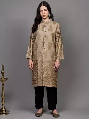Wool Long Jacket with All-Over Aari Embroidered Paisleys Butta and Side Pockets