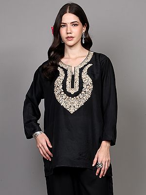 Short Kurti in Black Silk with Intricate Floral Neckline Embroidery