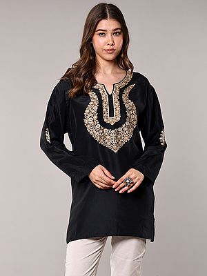 Black Kashmiri Short Kurti with Aari Embroidered Flowers on Neck