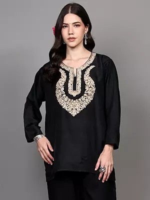 Bristol-Black Kashmiri Short Kurti with Aari Embroidered Flowers on Neck