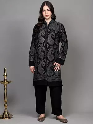 Black-Oyster Long Jacket with Aari Embroidered Giant Paisleys from Kashmir