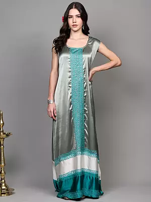 Iceberg-Green Sleeveless Night Dress with Aari Embroidery from Kashmir