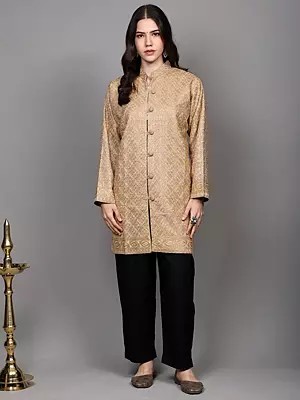 Warm-Sand Wool Long Jacket with Aari Embroidered Quatrefoil Pattern and Side Pockets