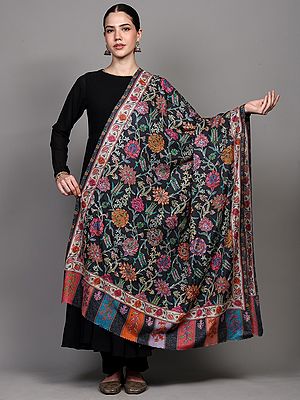Black-Oyster Kalamkari Shawl with Printed Floral Vines and Chain Stitch Aari Embroidery