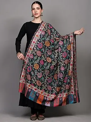 Black-Oyster Kalamkari Shawl with Printed Floral Vines and Chain Stitch Aari Embroidery