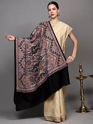 Bristol-Black Shawl from Amritsar with Intricate Heavy Thread Embroidered Paisley and Flowers