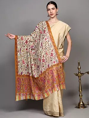 Pear-Sorbet Kalamkari Shawl with Flowers and Paisleys Motifs and Aari Embroidery