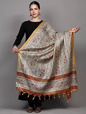Art Silk Dupatta with Printed Folk Figures Inspired by Warli Art