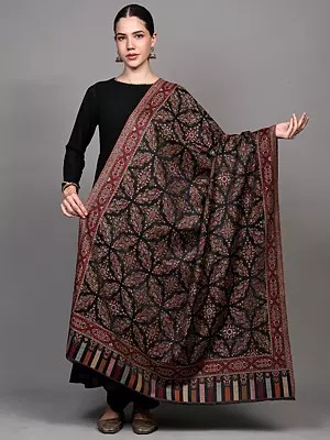 Wool Shawl with Woven Flowers and Paiselys in Multi-Color from Amritsar