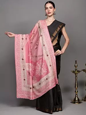 Geranium-Pink Sozni Embroidered Wool Shawl with Woven Flowers and Paiselys