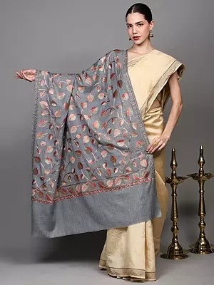 Wool Shawl from Punjab with Aari Embroidered Leaves and Bead Work