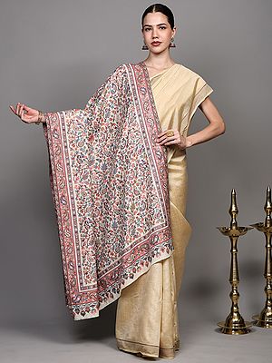 Cannoli-Cream Kani Jamawar Shawl with Woven Flowers and Paiselys All-Over