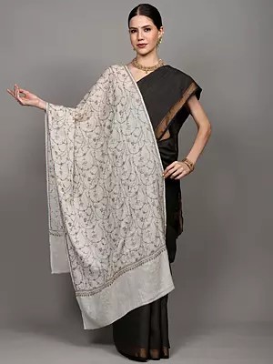 Pure Pashmina Stole with Sozni Hand-Embroidered Floral Jaal from Kashmir