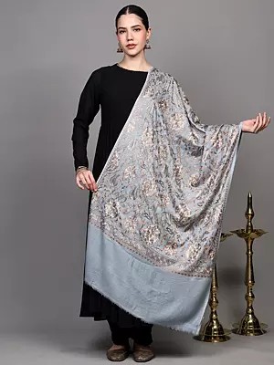 Wool Stole with Chain Stitch Aari Embroidered Floral Vines