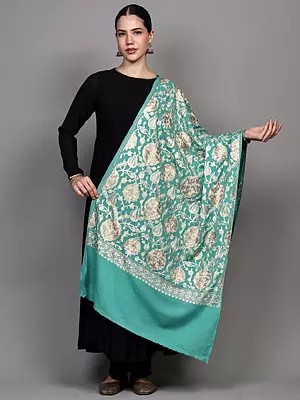 Wool Stole with Chain Stitch Aari Embroidered Floral Vines