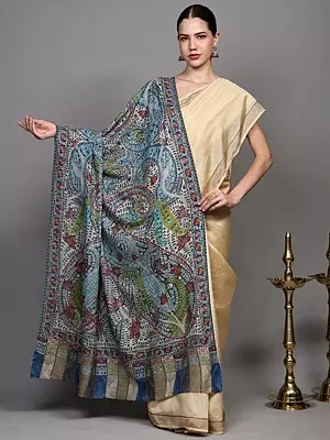 Multicolor Kalamkari Embroidered Shawl with Giant Paisley Motifs
