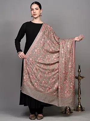 Oxford-Tan Diamond Weave Shawl from Amritsar with Aari Embroidered Floral Stripes