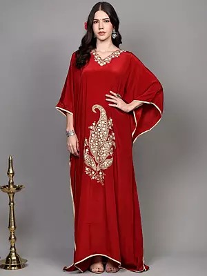 Long Kaftan with Aari Embroidered Giant Paisleys from Kashmir