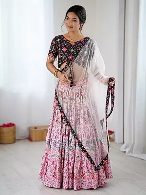Rayon Floral Printed Lehenga Set With Matching Choli And Net Dupatta In Multicolor