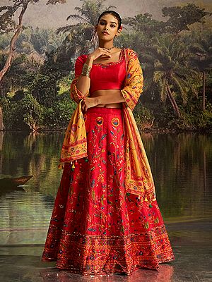 Handcrafted Silk Organza Lehenga Set In Coral-Red With Detailed Zari And Sequin Work