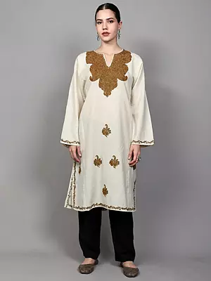 Cannoli-Cream Phiran from Kashmir with Aari Embroidered Flowers and Paisleys