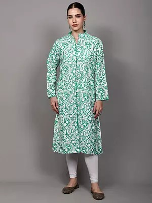 Long Jacket from Kashmir with All-Over Aari Embroidered Floral Vine and Giant Paisleys