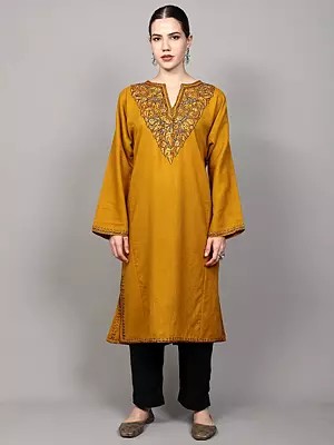 Golden-Yellow Pure Wool Phiran from Srinagar with Sozni Embroidered Floral Leaves on Neck
