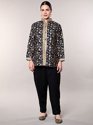 Kashmiri Short Jacket with Chain Stitch Aari Embroidered Floral Sprigs and Side Pockets