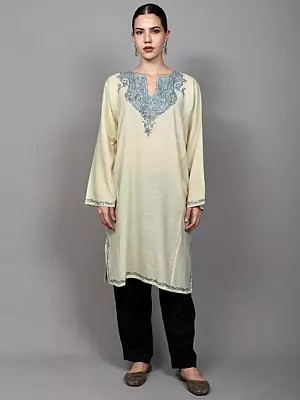 Kashmiri Phiran with Side Pockets and Aari Embroidered Paisleys on Neck