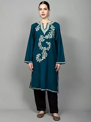 Moroccan-Blue Phiran with Aari Embroidered Paisley Vine from Kashmir