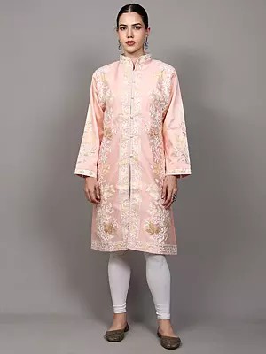 Creole-Pink Long Jacket with Aari Embroidered Maple Vines from Kashmir