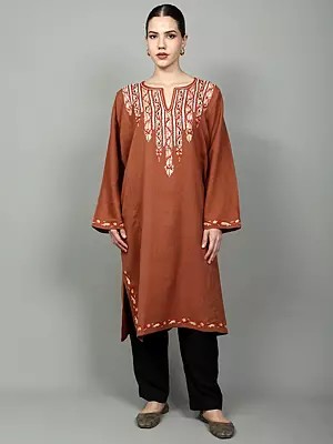 Pure Wool Phiran with Aari Embroidered Paisleys and Floral Leaf Stripe on Neck from Kashmir