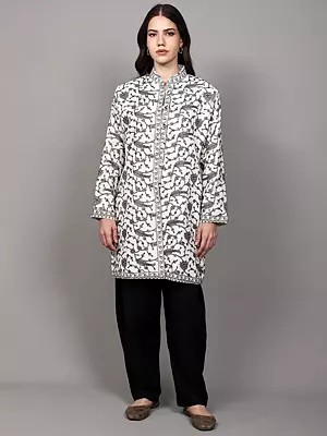 Star-White Pure Wool Kashmiri Long Jacket with Zari and Thread Embroidered Paisleys Jaal