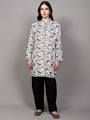 Star-White Pure Wool Kashmiri Long Jacket with Zari and Thread Embroidered Paisleys Jaal