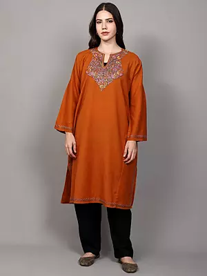 Hawaiian-Sunset Pure Wool Kashmiri Phiran with Papier Mache Floral Embroidery on Neck
