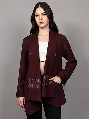 Pure Wool Cape Jacket from Kashmir with Sozni Embroidery and Front Pockets