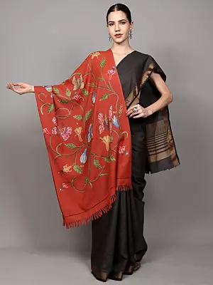 Pure Wool Stole with Aari Hand-Embroidered Butterflies and Floral Vines from Kashmir