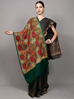 Wool Stole with Aari Embroidered Flowers and Paisleys from Amritsar
