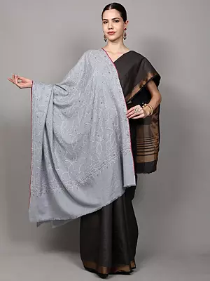Glacier-Gray Pure Pashmina Shawl from Srinagar with Jalidar Foliage Sozni Embroidery by Hand