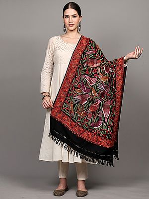 Pure Wool Stole from Kashmir with Aari Hand-Embroidered Birds on Tree Branches