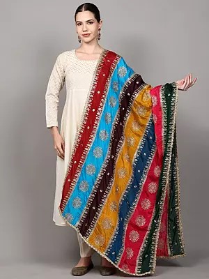 Multicolor Patchwork Dupatta with Embroidered Chakra in Golden Thread and Lace Border from Amritsar