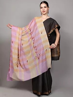 Multicolor Checks Woven Shawl with Floral Sozni Embroidery from Amritsar