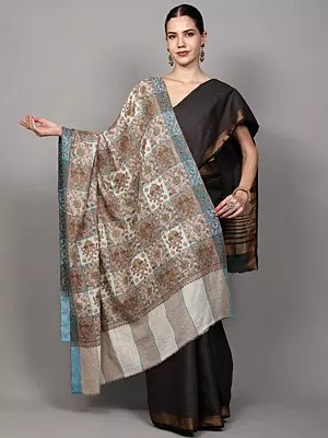 Kashmiri Pure Pashmina Shawl with Dual-Color Box Patterns and Floral Sozni Embroidery by Hand