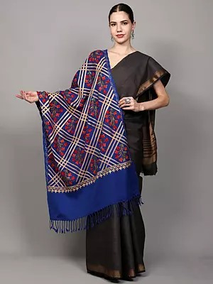 Wool Stole with Aari Embroidered Flowers and Jaal Patterns