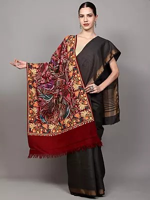 Pure Wool Stole with Aari Hand-Embroidered Birds and Flowers from Srinagar