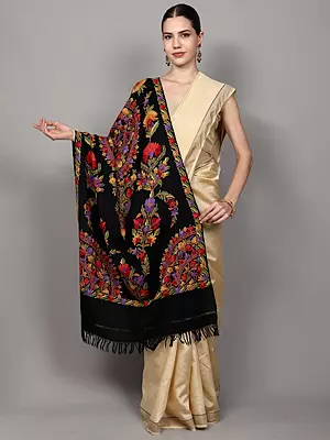 Black-Onyx Pure Wool Stole with Aari Embroidered Flowers from Kashmir