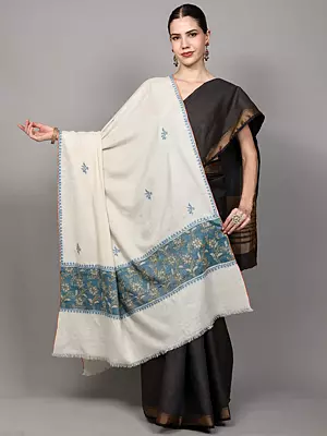 Cannoli-Cream Pure Pashmina Shawl with Sozni Hand-Embroidered Flowers and Patch Palla from Srinagar