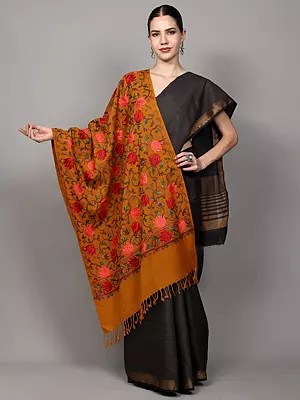 Inca-Gold Wool Stole with Aari Embroidered Lotus Floral Vines from Punjab