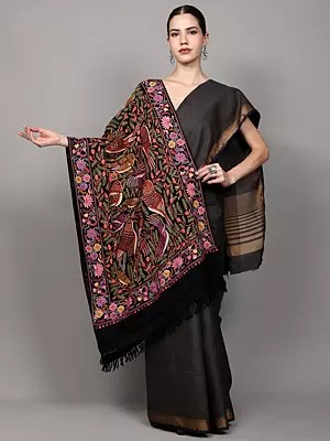 Black-Beauty Pure Wool Kashmiri Stole with Aari Hand-Embroidered Birds and Floral Border