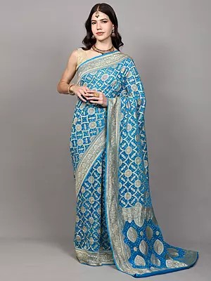Georgette Bandhej Saree with All-Over Golden Thread Woven Motifs from Gujarat
